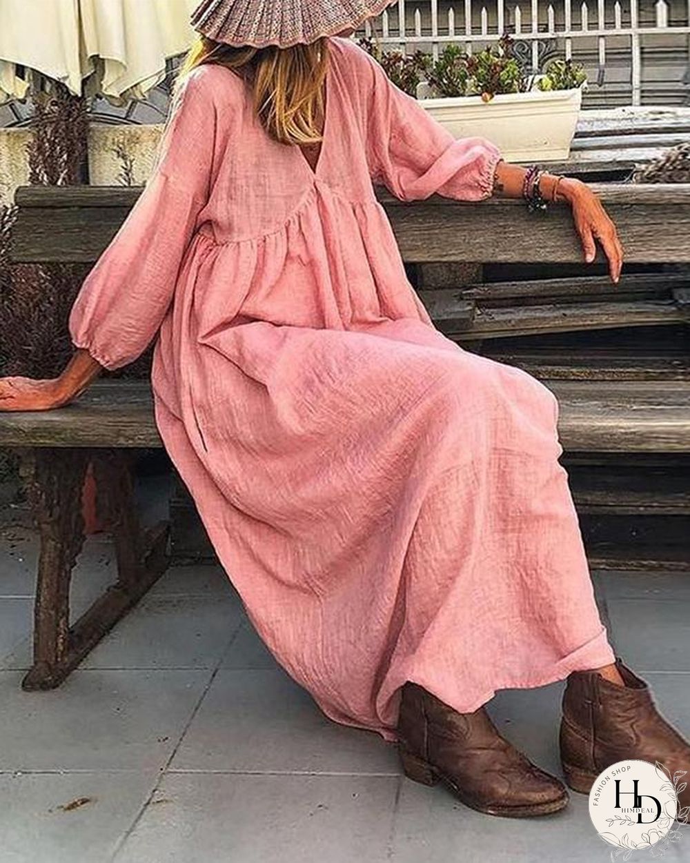 Solid Lantern Sleeve Loose Pleated V Neck Maxi Dress