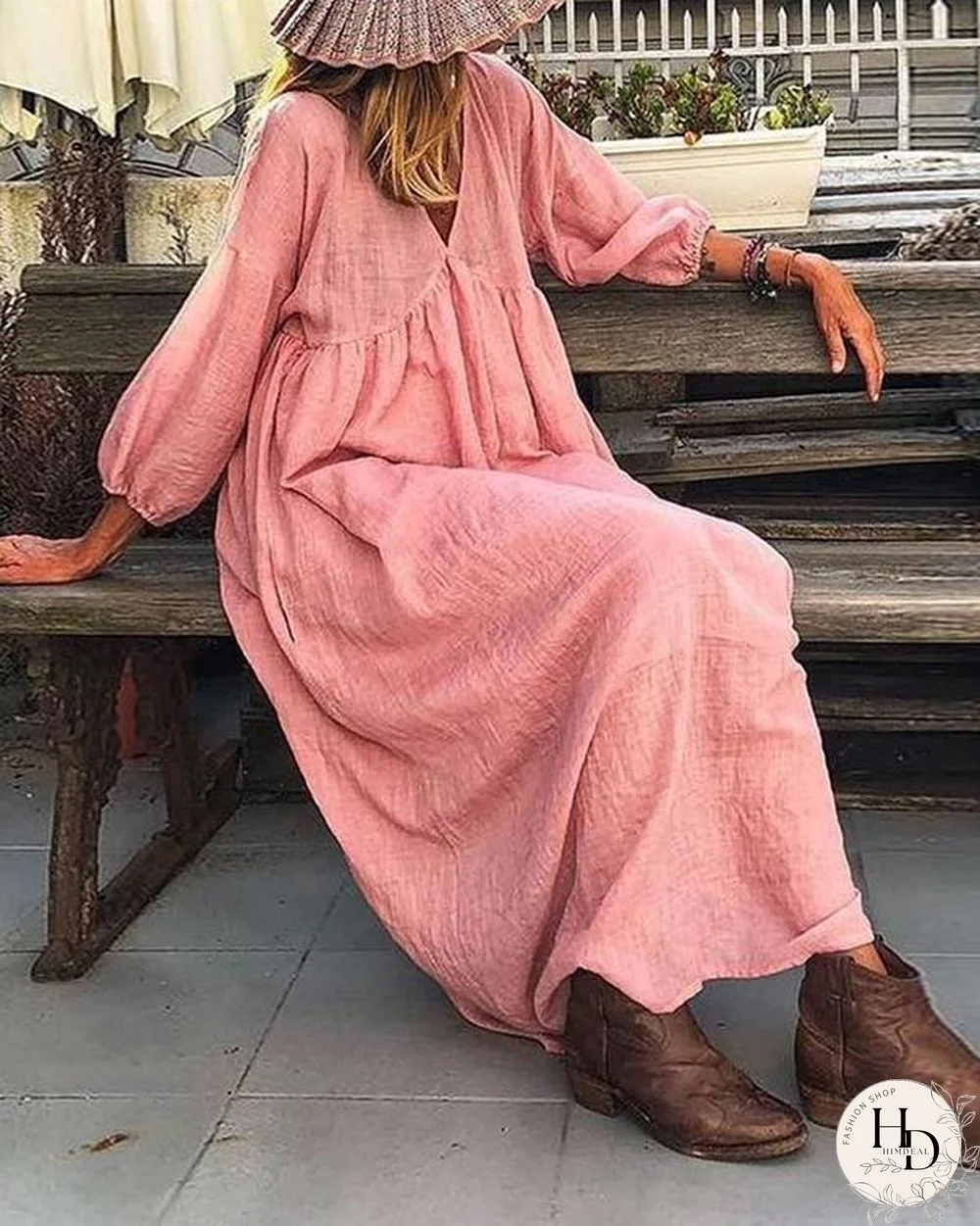 Solid Lantern Sleeve Loose Pleated V Neck Maxi Dress