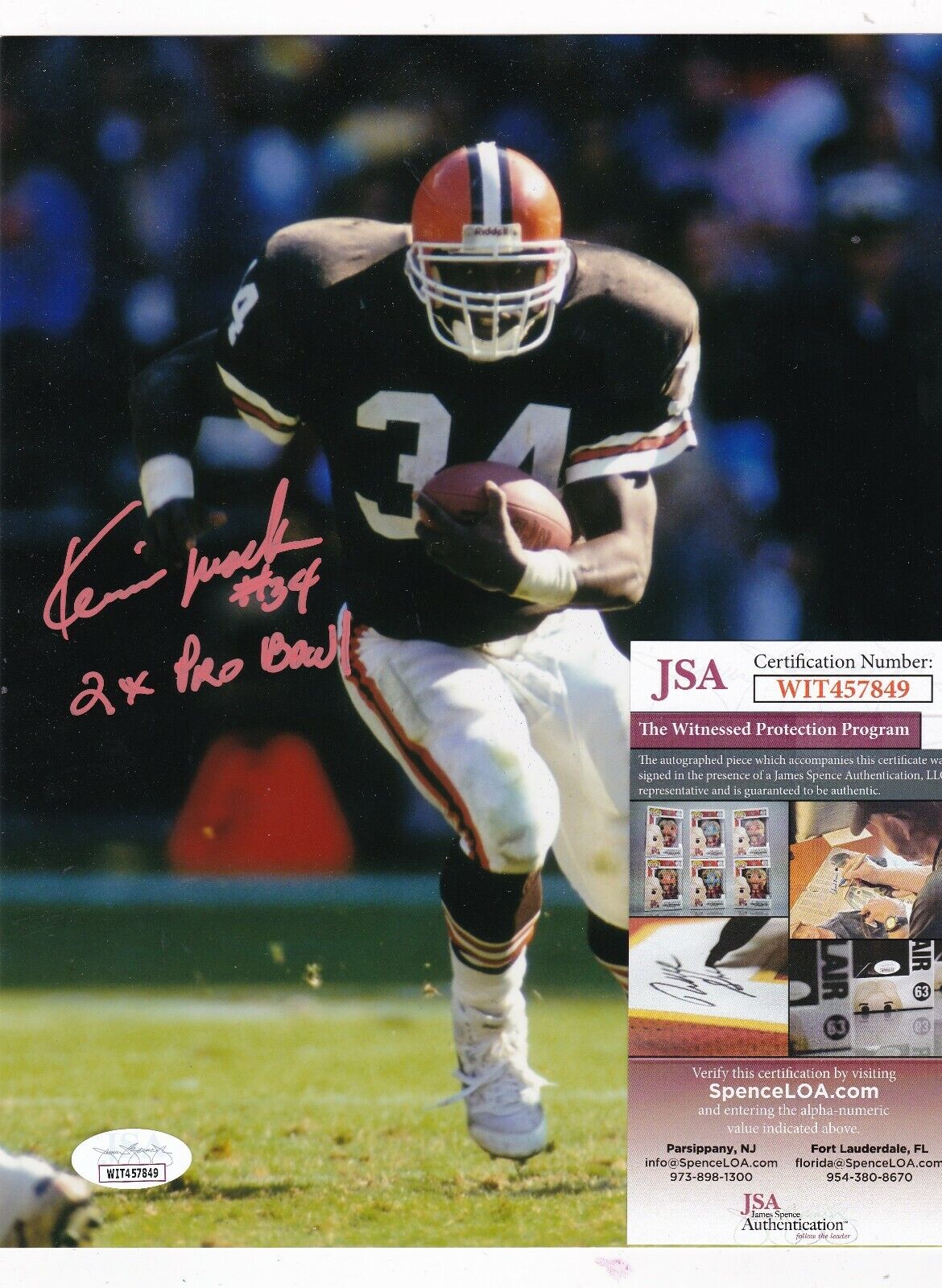 KEVIN MACK CLEVELAND BROWNS 2 X PRO BOWL JSA AUTHENTICATED ACTION SIGNED 8X10