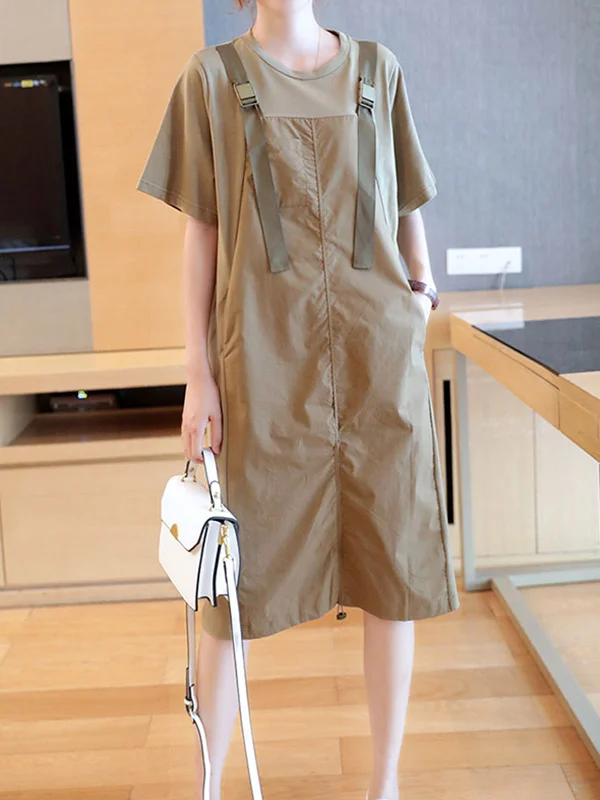 Original Casual Roomy Pure Color Split-Joint Round-Neck Half Sleeves False Two Midi Dress