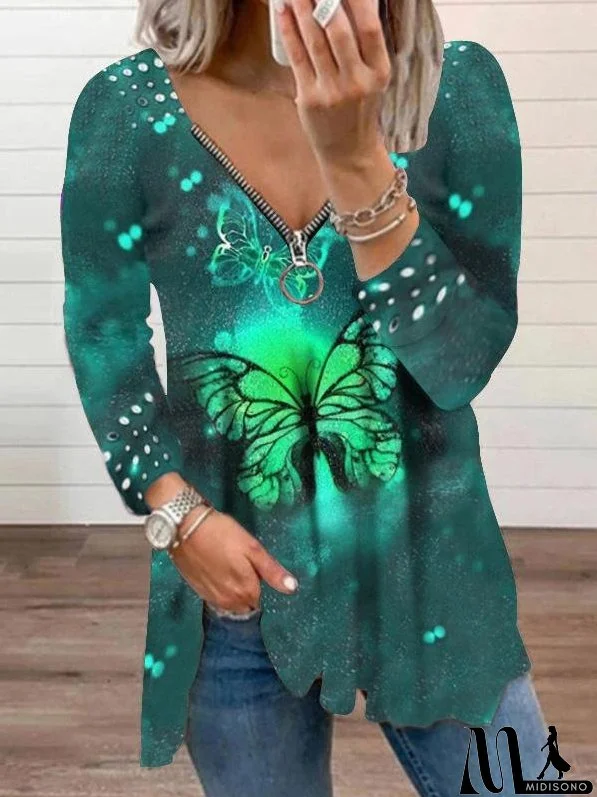 Women's T-Shirts V-Neck Zipper Pullover Pearl Print T-Shirt