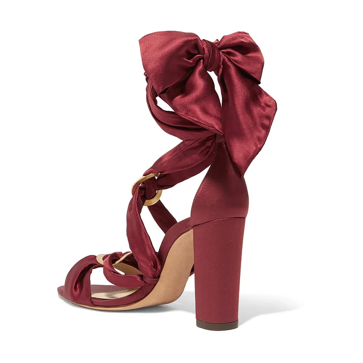 Burgundy Satin Chunky Heel Strappy Sandals by VDCOO Vdcoo