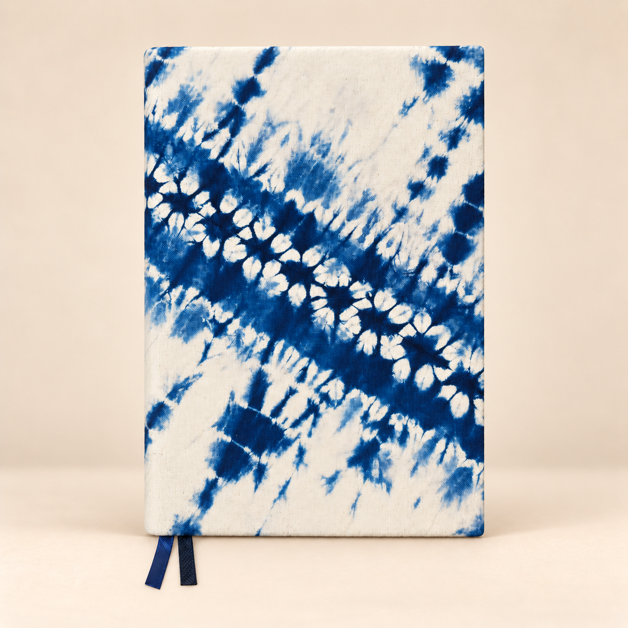 Indigo Bloom A5 notebook with a blue and white tie-dye cotton cover
