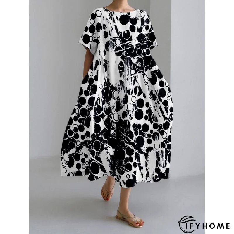 Cotton-Blend Polka Dots 3/4 Sleeve Casual Dress | IFYHOME