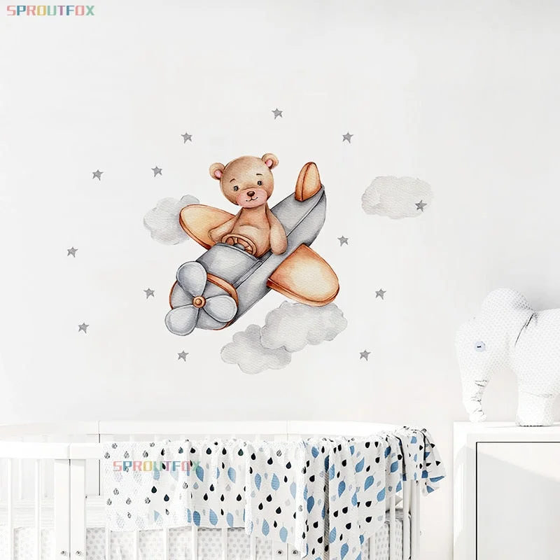 Cute Bear on Airplane Wall Stickers Stars Clouds Wall Decals for Kids Boy Room Bedroom Baby Nursey Home Decoartion Animals