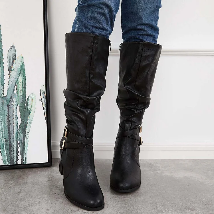 Western Knee High Riding Boots Wide Calf Chunky Heel Boots