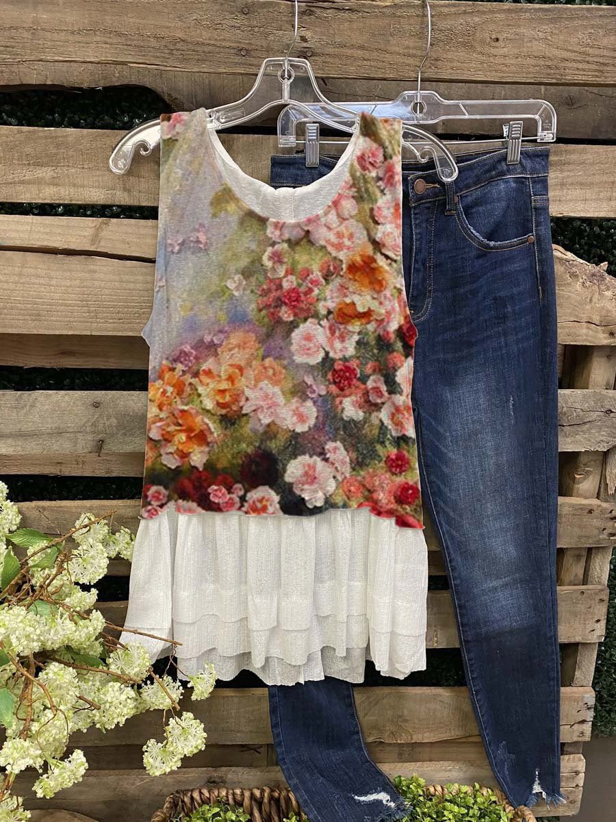 Floral Print Crew Neck Short Sleeve Cotton-Blend Shirts & Tops