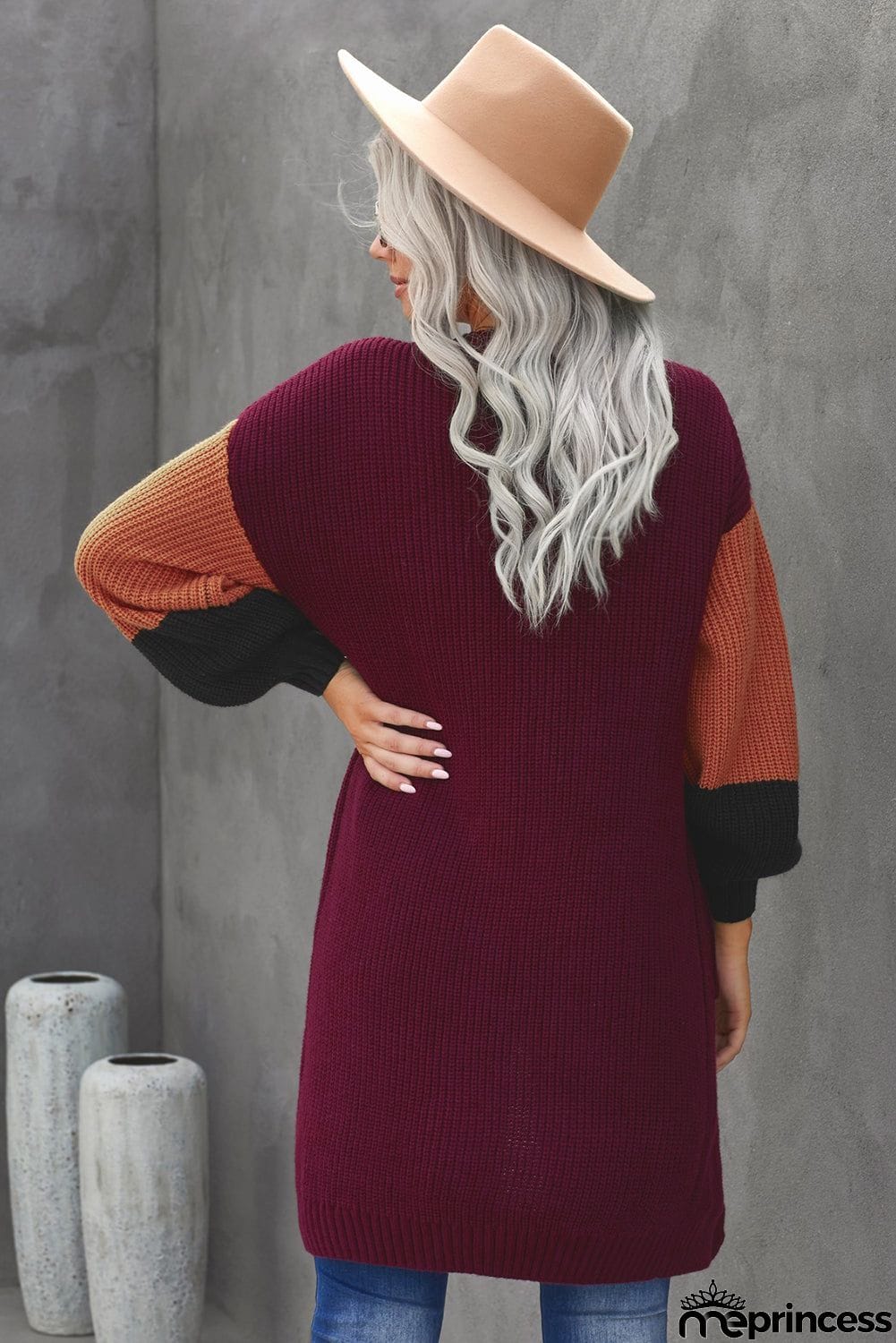 Women's Red Cotton-blend Pocketed Colorblock Cardigan