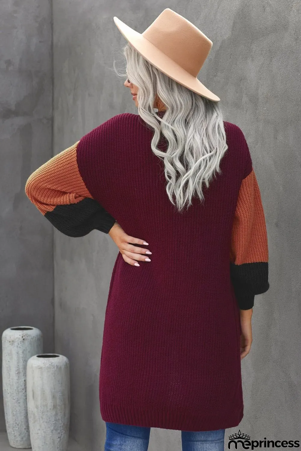 Women's Red Cotton-blend Pocketed Colorblock Cardigan