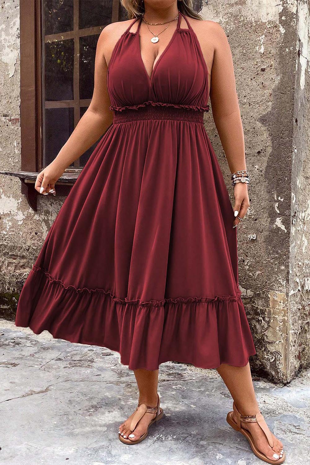 Plus Size Vacation Burgundy Halter Collar Empire Waist Midi Dress 2024 - Flycurvy 