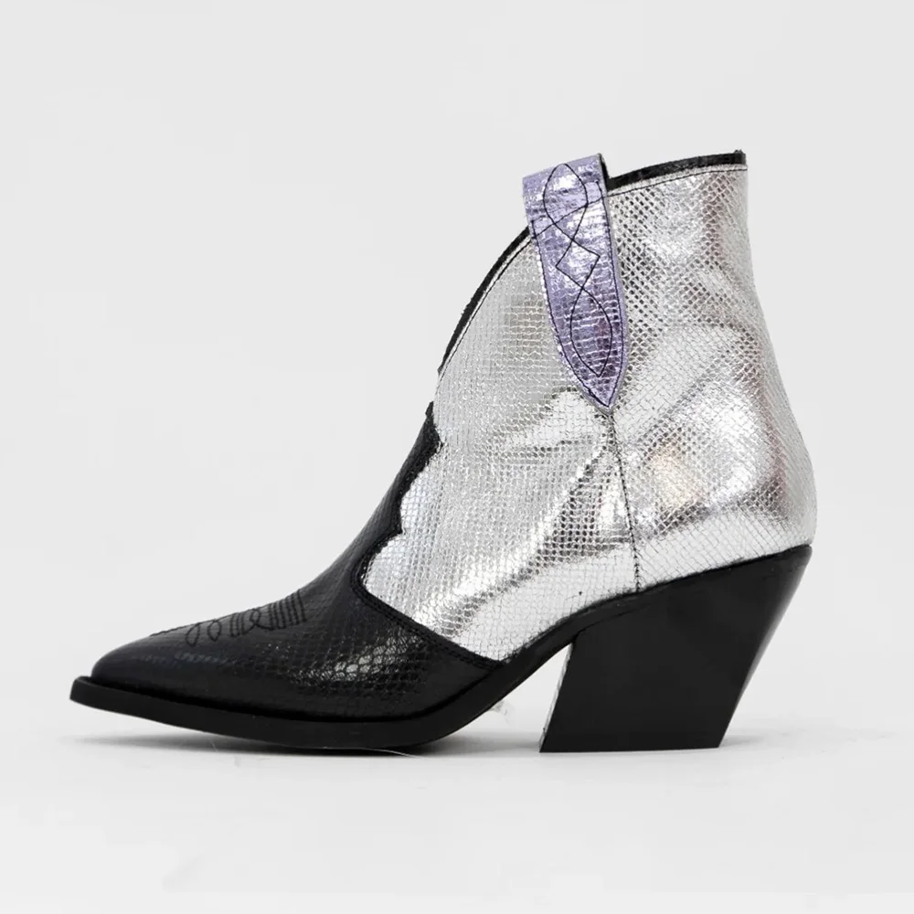 Pointed Toe Block Heel Black & Metallic Silver Cowboy Boots for Women