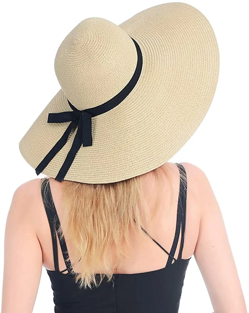 Womens Beach Straw Hat UPF 50 Wide Brim Sun Blocking Hat Foldable Summer Hat for Travel Floppy Sun Hat Women