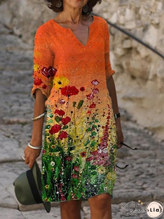 Women's Shift Dress Print Dress Floral Print V Neck Midi Dress Active Fashion Outdoor Daily 3/4 Length Sleeve Loose Fit Orange Dark Blue Light Blue Summer Spring S M L XL XXL