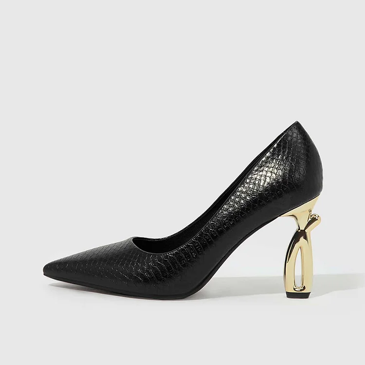 Women'S Black Snakeskin Pumps Elegant Pointed Toe Sexy Shoes Evening Metal Heels |FSJ Shoes