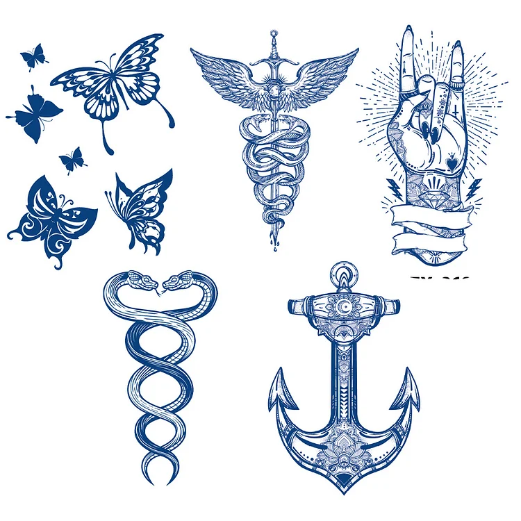 5 Sheets Semi-Permanent Butterfly Wing Snake Anchor Tattoo Stickers