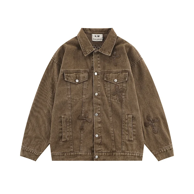 Hip Hop Streetwear Vintage Embroidery Cross Letter Men's Denim Jacket-VESSFUL