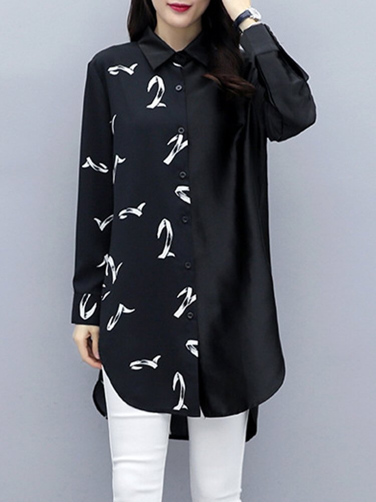 Print Patchwork Long Sleeve Lapel Casual Shirt For Women P1632561