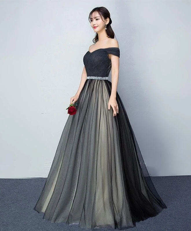 Black Tulle V Neck Long Prom Gown, Black Evening Dress