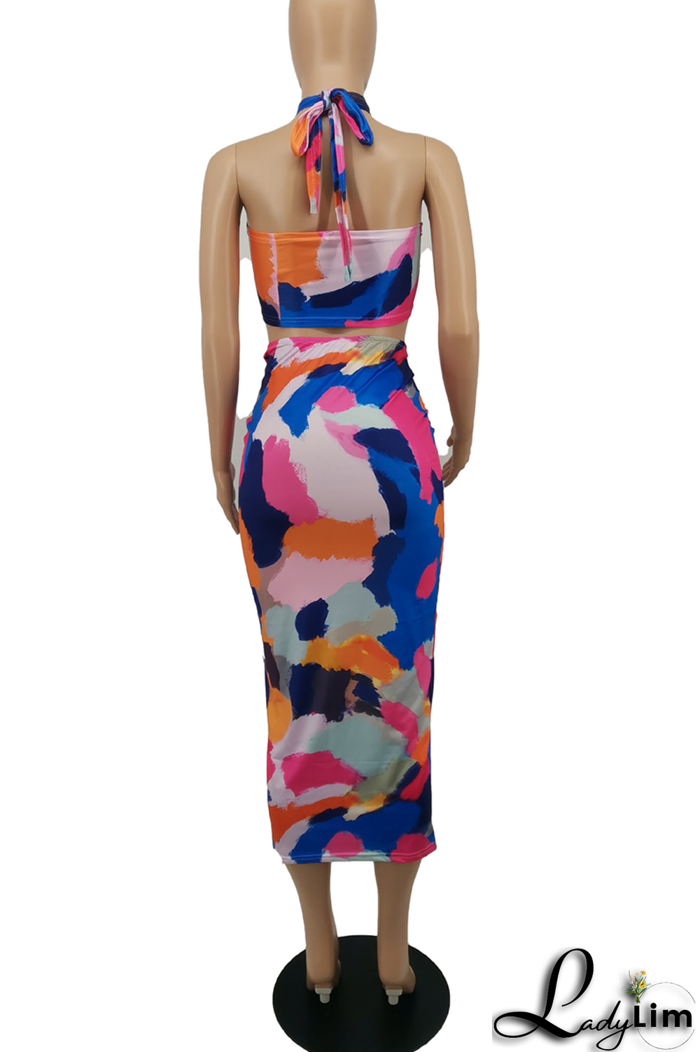 Blue Sexy Print Split Joint Halter Sleeveless Two Pieces