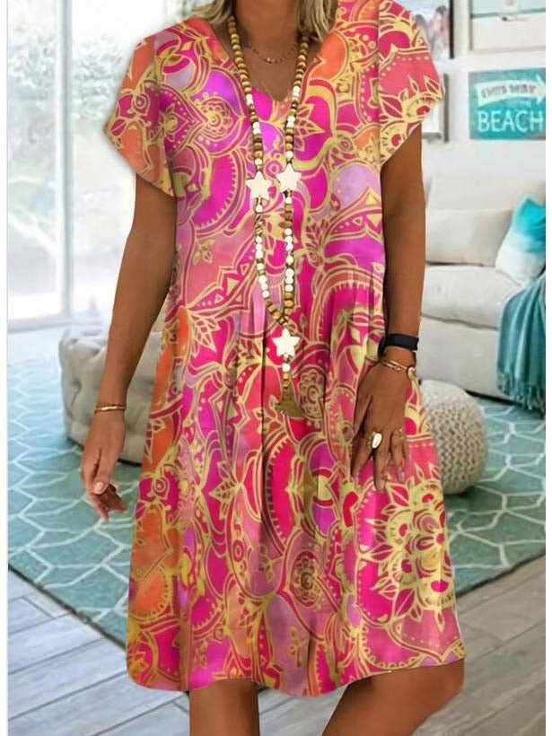 Women's Short Sleeve V-neck Floral Printed Midi Dress