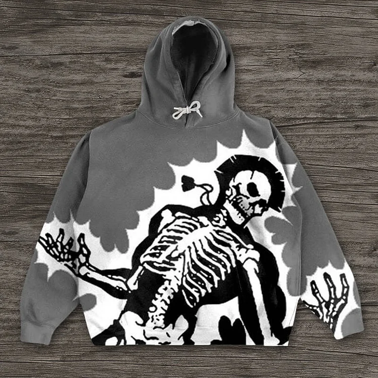 Gray Lightning Skull Lazy Street 3D Printing Loose Hooded long-sleeved Sweater Hoodie at Hiphopee