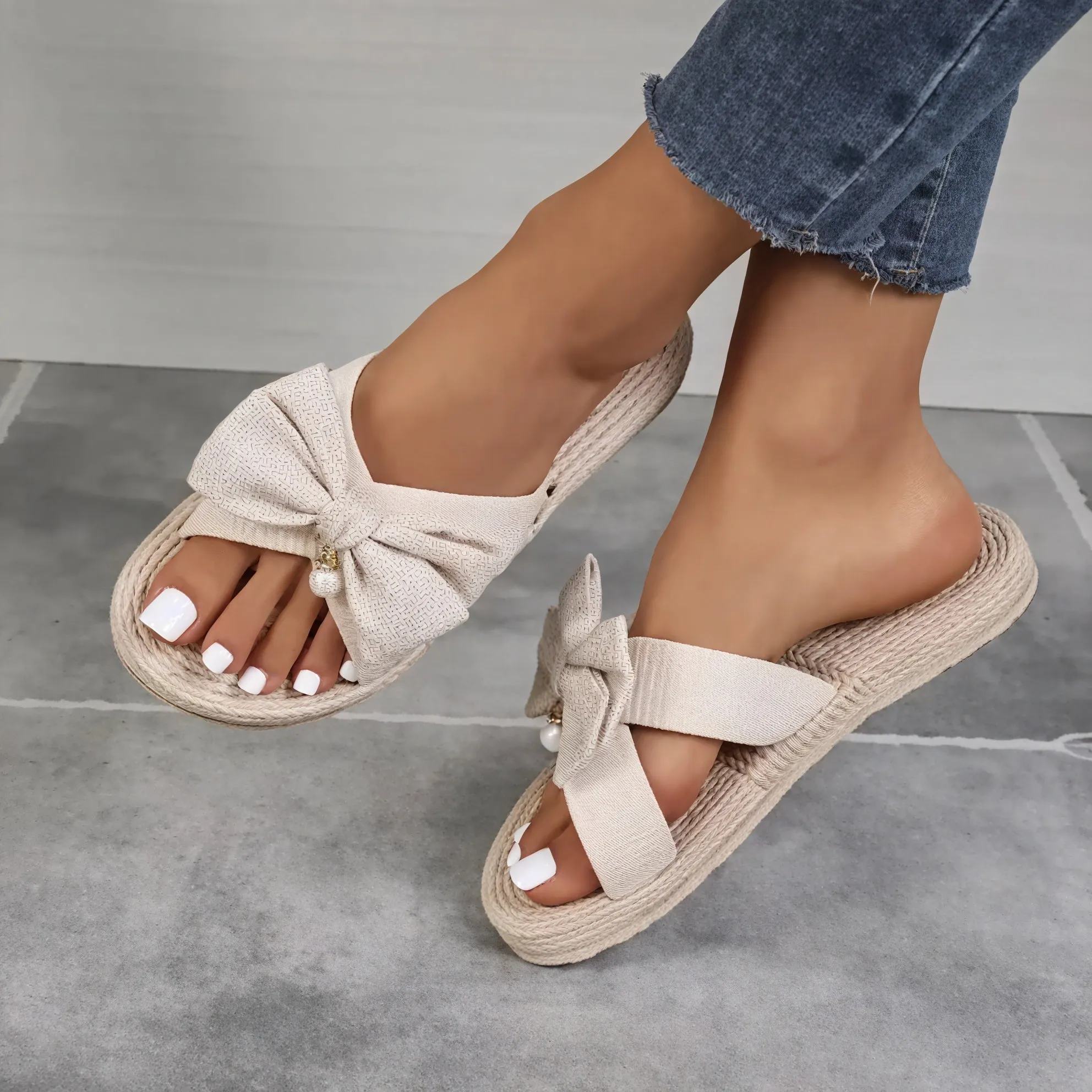 Damen Pantoletten – Schleifen-Detail, Seilsohle, Slip-On Stil-60191-a1c51e79-ba60-47b0-bc30-7fef88c54286