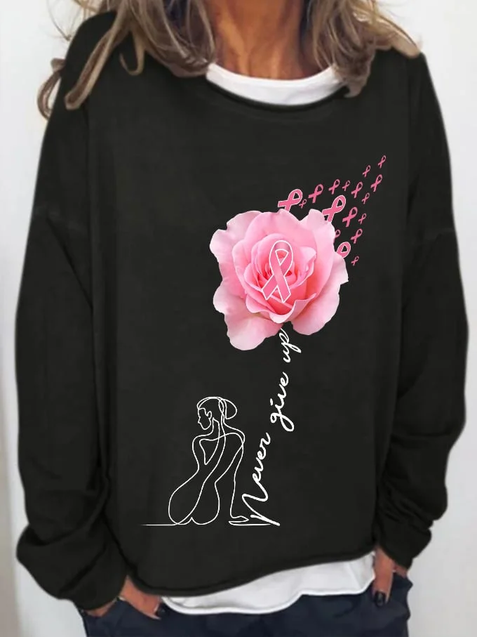 Women's Never Give Up Breast Cancer Rose Women Print Long Sleeve Top socialshop