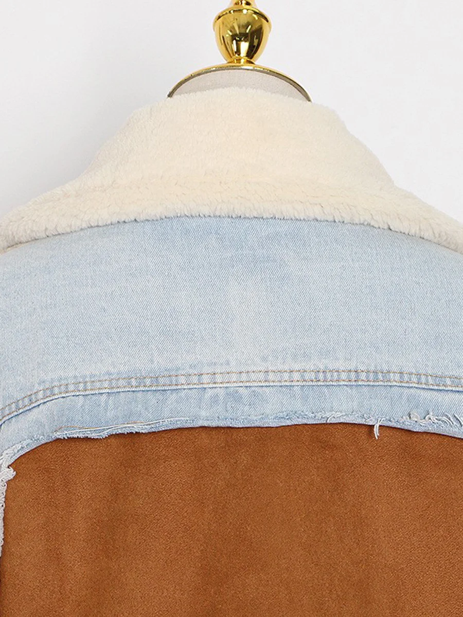 Toloer Toloer No Doubt Liang Shuang With The 2024 New Velvet Thick Denim Stitching Lamb Lapel Cotton Jacket Coat Female-Outfit Ideas