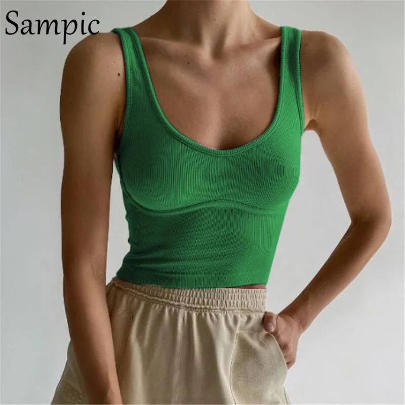 Sampic Green Knitted Summer Y2K 2021 Fashion Basic Skinny T Shirt Mini Vest Crop Tops Sexy Casual Ribber Off Shoulder Tank Tops