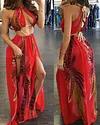 Red Floral High Slit Halter Maxi Chiffon Dress