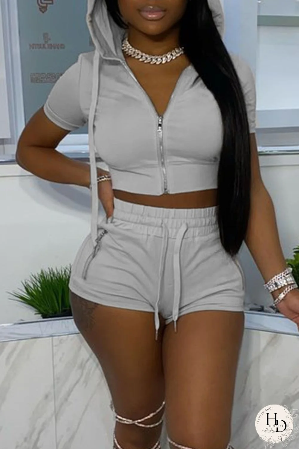 Rose Red Casual Solid Patchwork Zipper Hooded Collar Short Sleeve Two Pieces