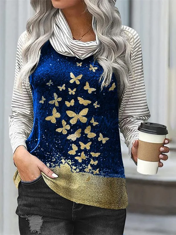 Women Long Sleeve Scoop Neck Striped Stitching Top