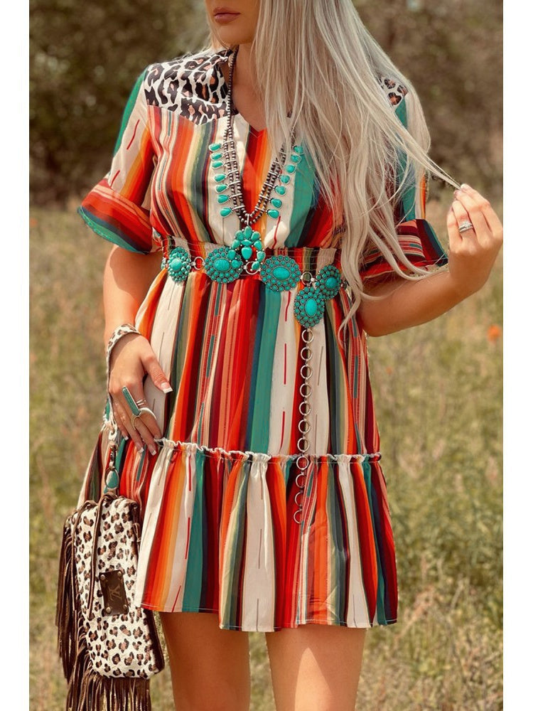 Colorful Striped Pleated Skirt Short Sleeve Dress