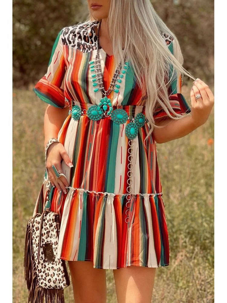 Colorful Striped Pleated Skirt Short Sleeve Dress