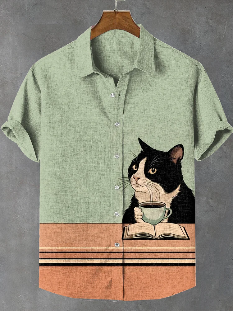Men's Coffee Bicolor Cat Contrast Color Art Print Casual Shirt