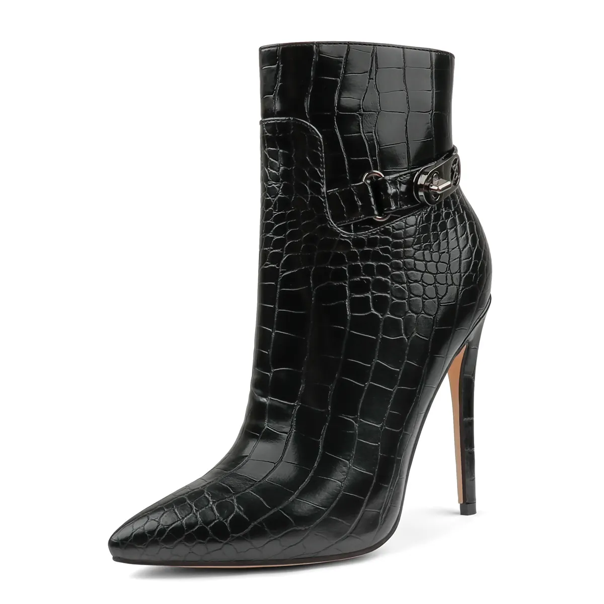 12cm/4.72 inch Pointed Toe Stiletto Crocodile Ankle Booties With Metal Buckle