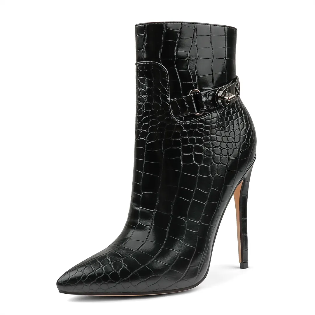 12cm/4.72 inch Pointed Toe Stiletto Crocodile Ankle Booties With Metal Buckle