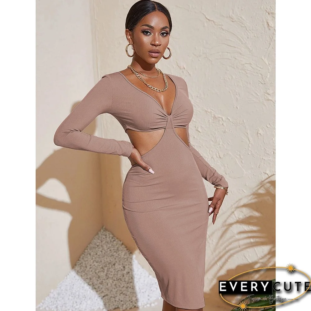 Pink Hollow Out Split Long Sleeve Bodycon Dress
