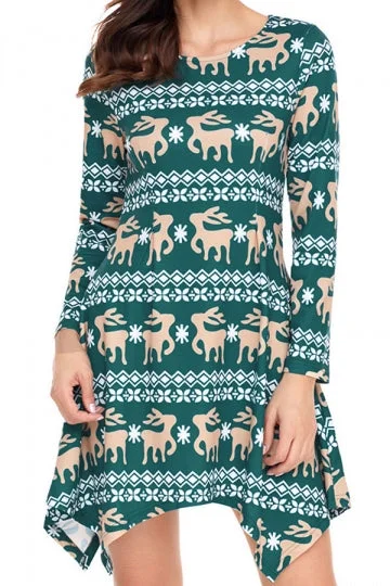 Womens Reindeer Christmas Dress Long Sleeve Green-elleschic