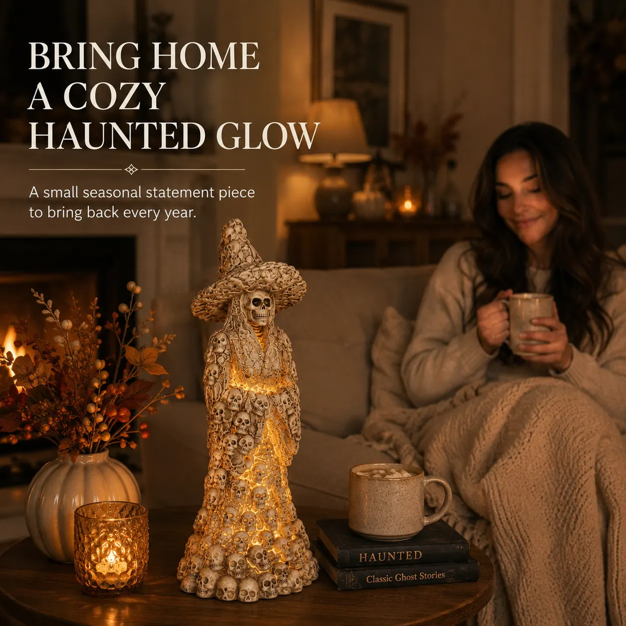 Cozy glowing skull witch Halloween statue for spooky nights in