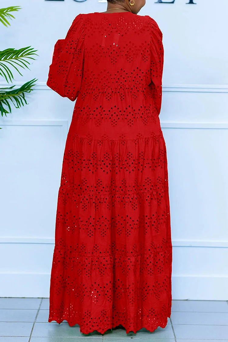 Plus Size Vacation Green Casual Hollow Puff Sleeve Long Sleeve Maxi Dresses