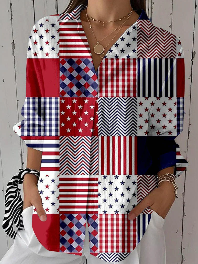 Women 3/4 Sleeve Shirt Collar National Flag Striped Printed Graphic Button Tops