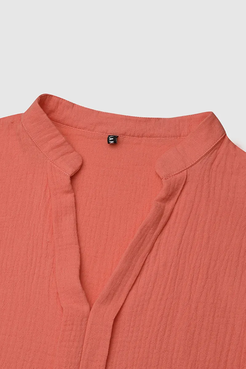 Solid Notched Neck Short Sleeve Blouse