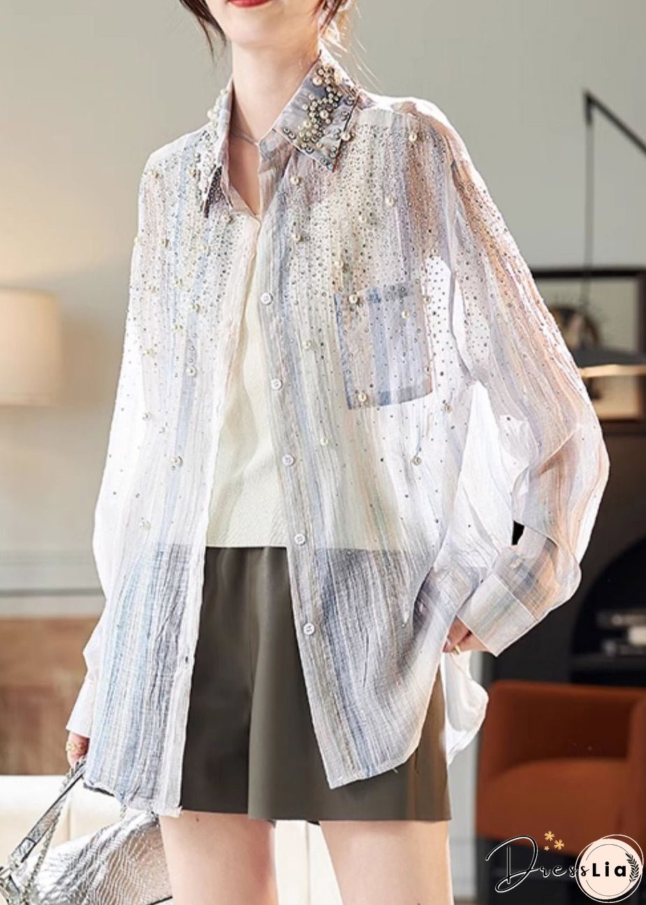 Handmade Blue Peter Pan Collar Nail Bead Shirt Fall