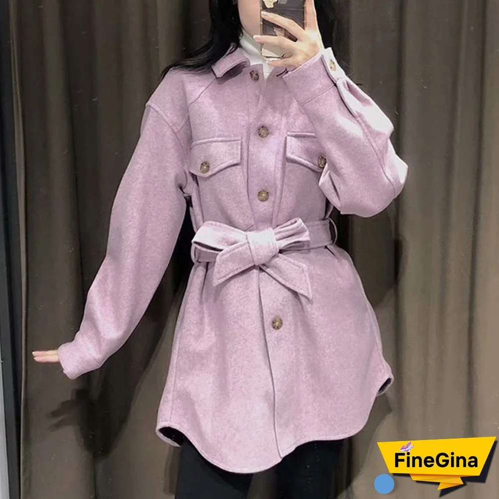 Autumn Winter Women's Vintage Woolen Coat Chic Sashes Long Sleeve Elegant Shirt Jacket Female Outwear Tops Casual Loose Overcoat