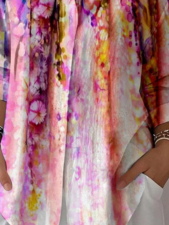 Women 3/4 Sleeve Shirt Collar Striped Printed Graphic Button Tops