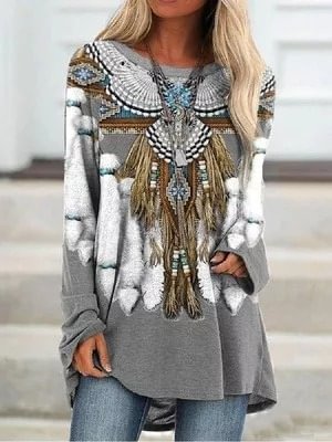 Womens Aztec Tribal Feather Pattern Crew Neck Long Sleeve T-Shirt