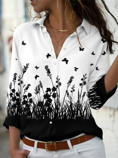 Women's Long Sleeve V-neck Floral Printed Tops