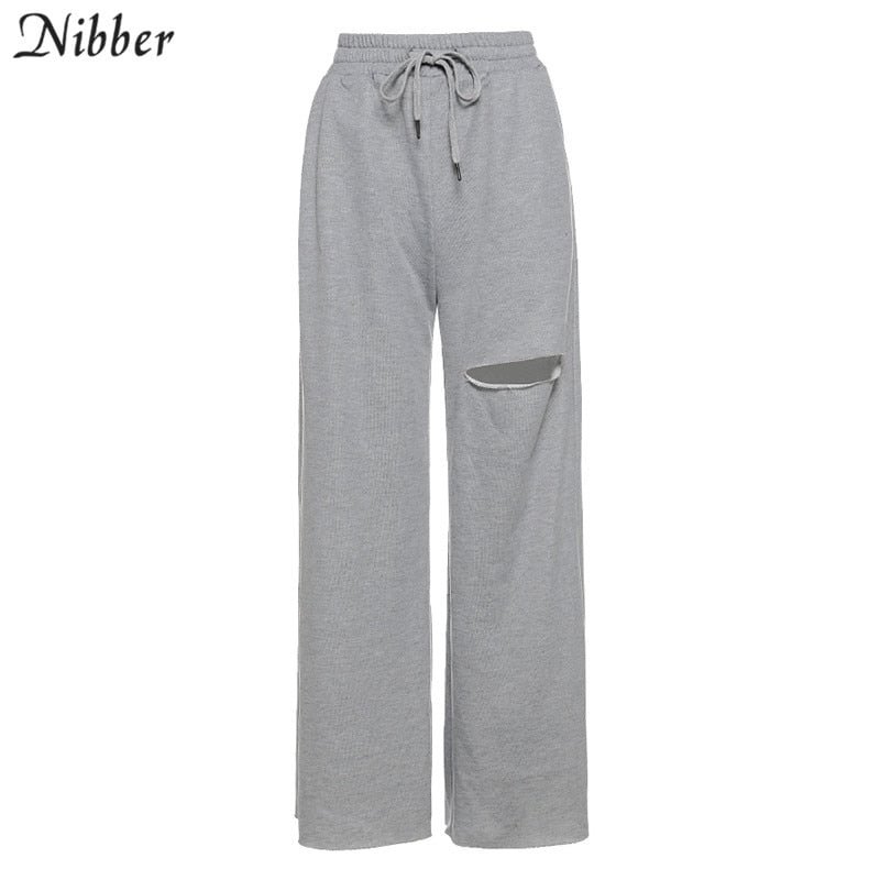 Nibber fashion Solid color Basic Hole pants female  high street casual wear 2020summer office lady loose High waist Harem pants
