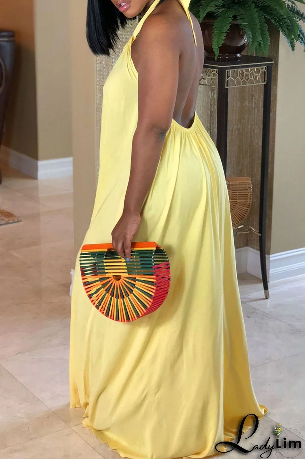 Black Sexy Print Split Joint Backless Halter Straight Dresses